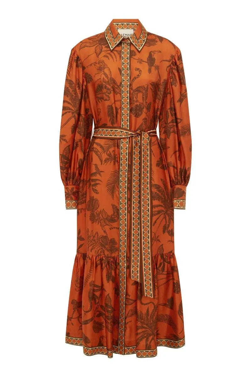 Silk midi shirt dress: ALÉMAIS Monkey Dance Silk Shirtdress in rust featuring a playful graphic print and pointed collar. LUXAMORE