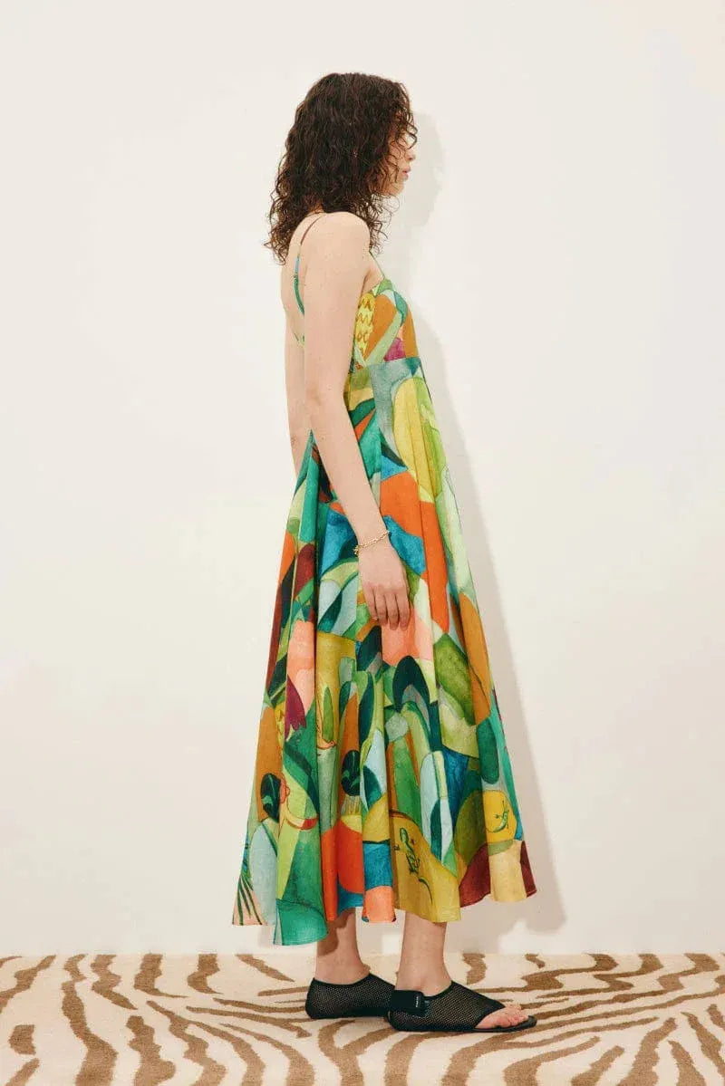 ALÉMAIS Mokshini Sundress breezy linen holiday maxi dress silhouette. LUXAMORE