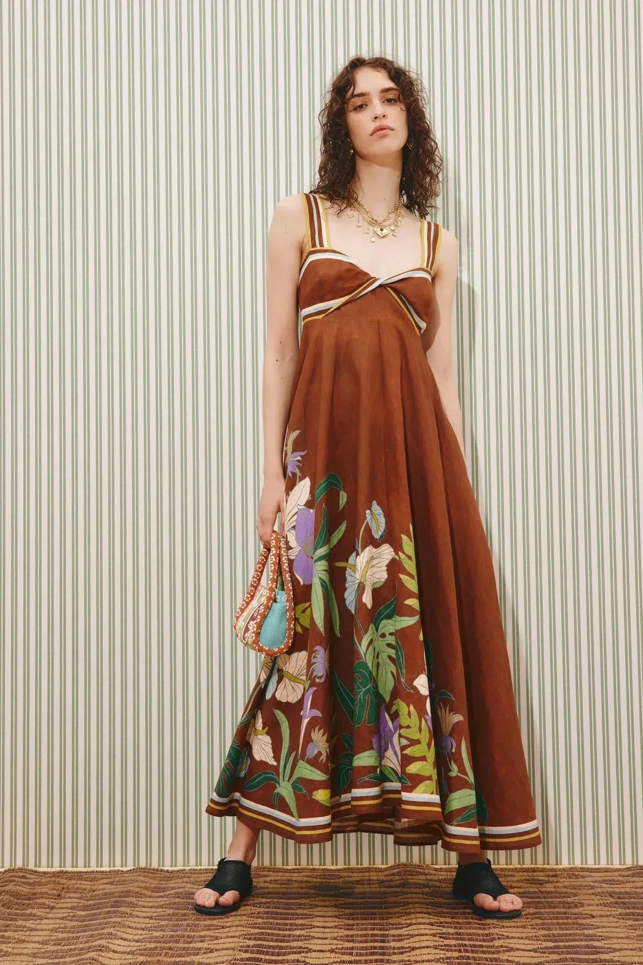 Linen sleeveless sundress: ALÉMAIS Alfie Twist Dress in Chocolate featuring a flattering twist front bodice design. LUXAMORE