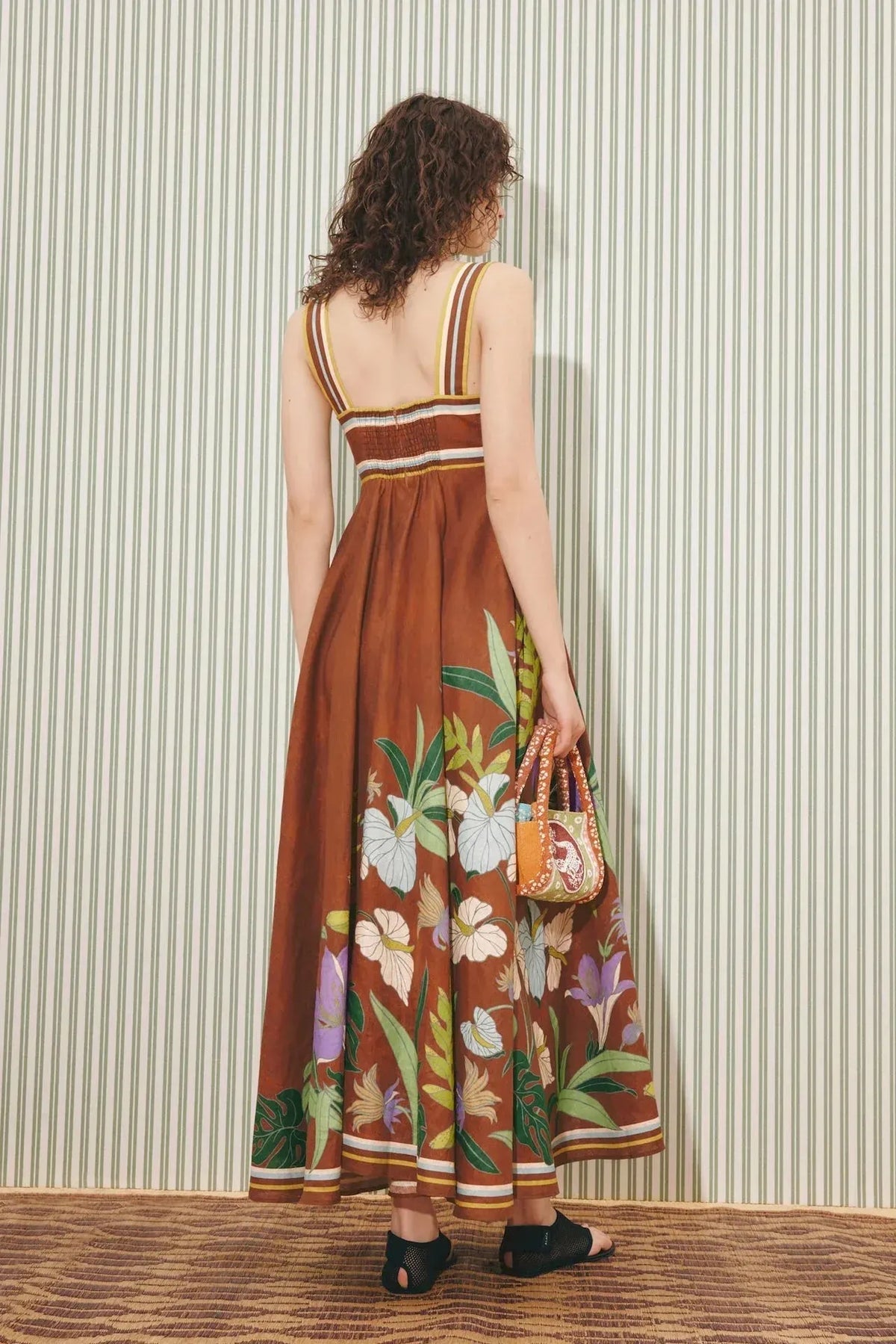 ALÉMAIS Alfie Twist Dress in Chocolate fitted A-line resort wear linen midi silhouette. LUXAMORE