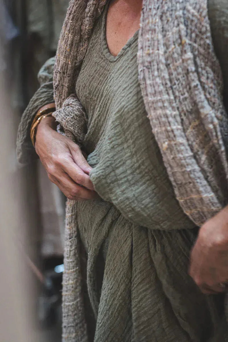Alemais Sustainable Florence-Shirt close up worn by model LUXAMORE