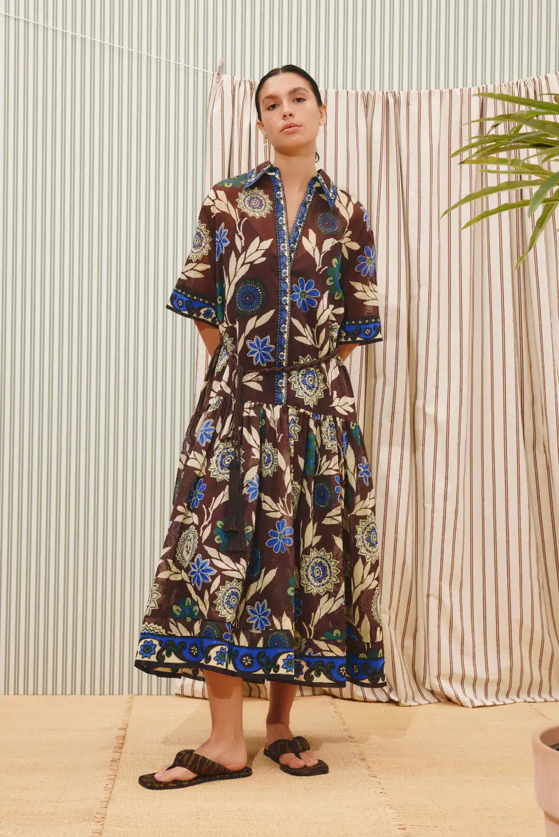 Designer printed midi dress: ALÉMAIS Jasper Shirtdress in Chocolate showing the braided cord belt and concealed button placket.. LUXAMORE
