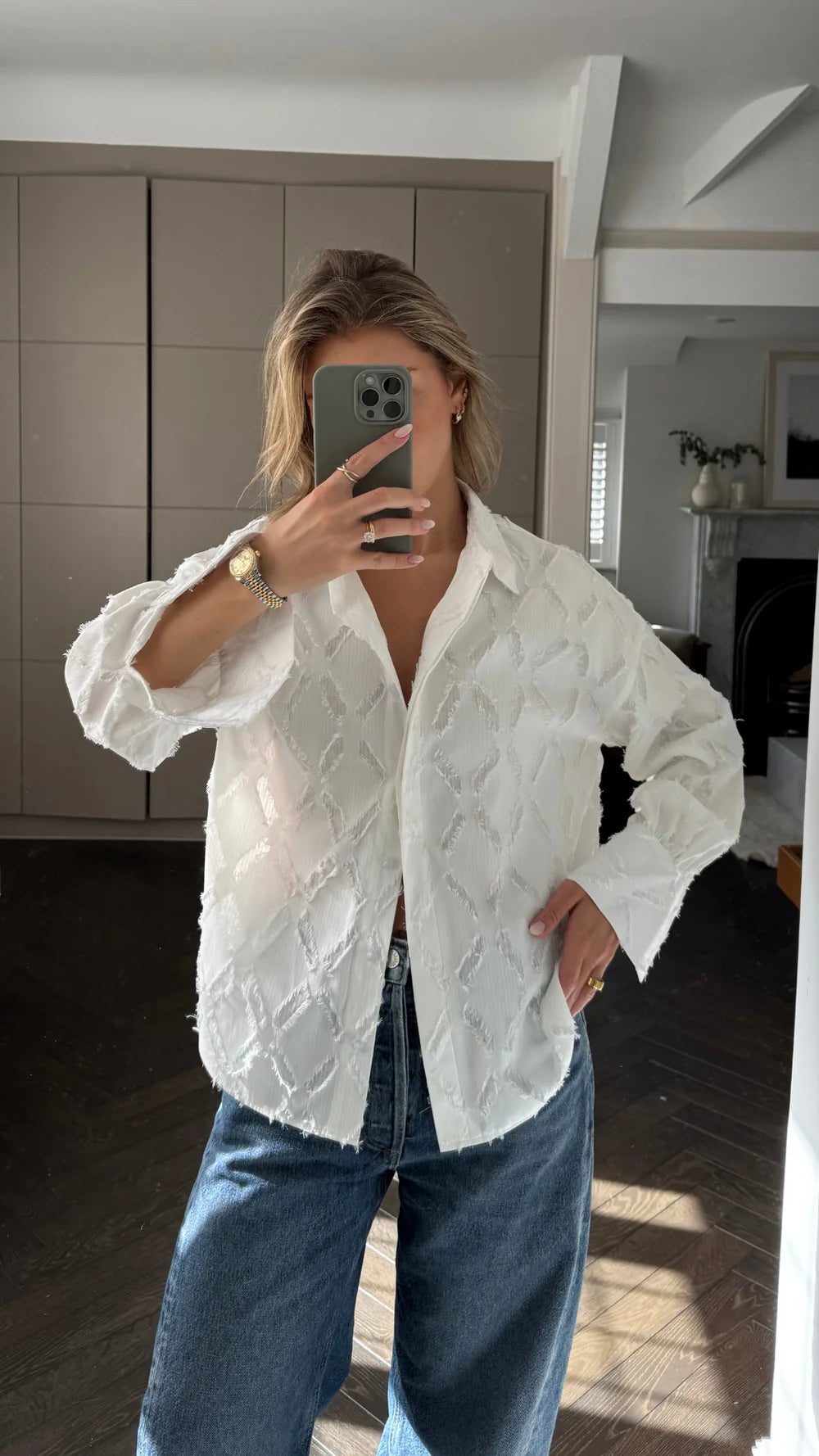Alemais Sustainable Florence-Shirt close up worn by model LUXAMORE