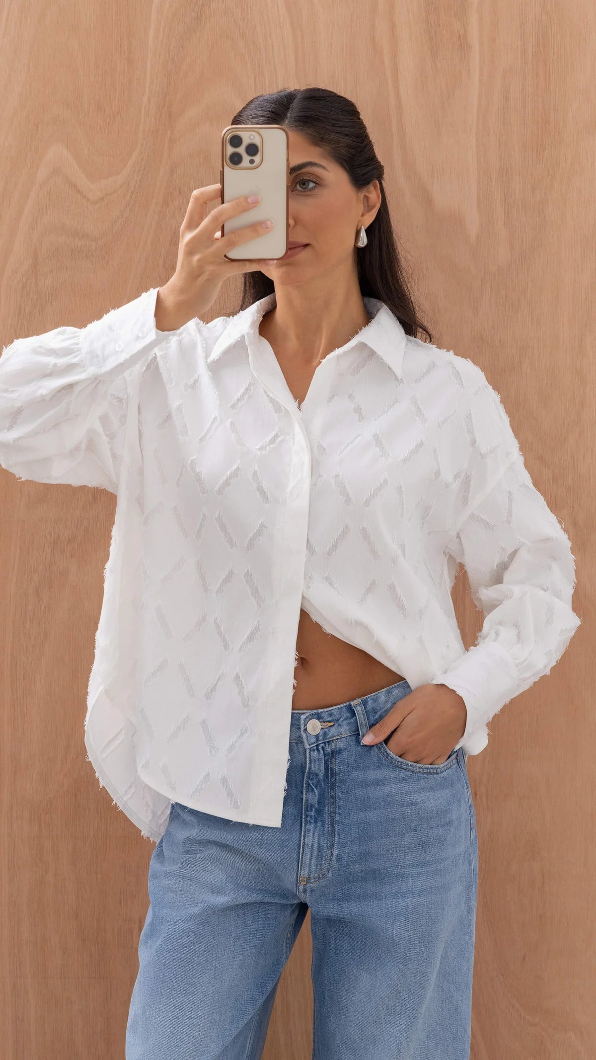 Alemais Sustainable Florence-Shirt close up worn by model LUXAMORE