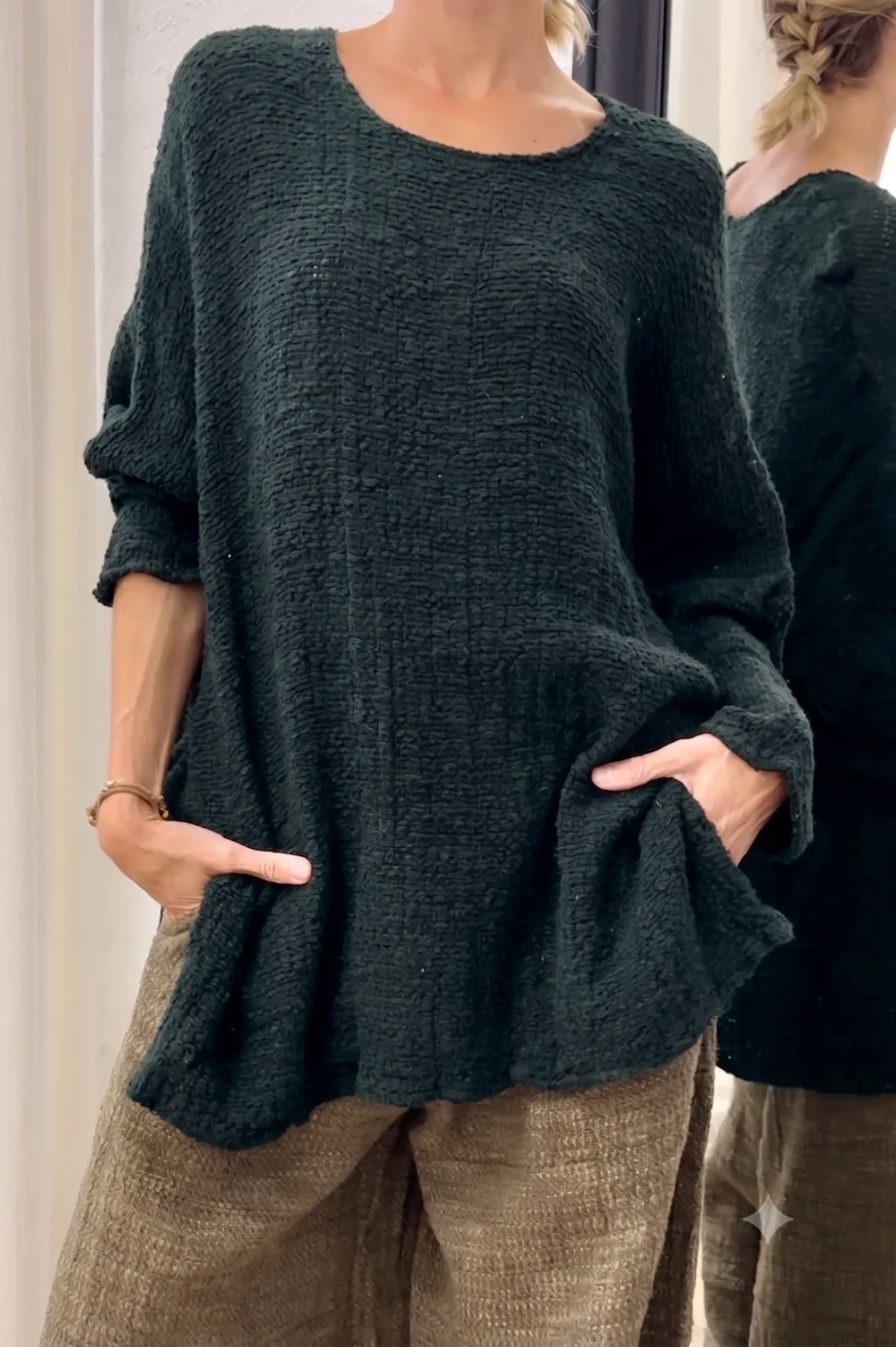 La Bottega di Brunella Top Maglia Bonta - Tela Campo - Bosco worn by model sustainably made in italy AW26 LUXAMORE  