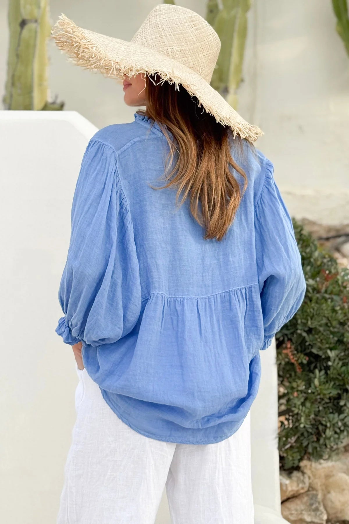 Alemais Sustainable Florence-Shirt close up worn by model LUXAMORE