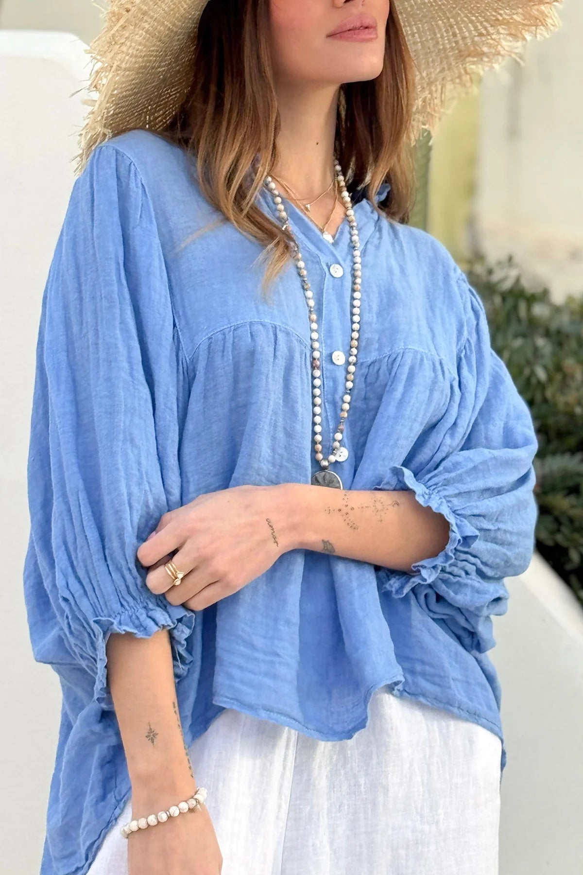 Alemais Sustainable Florence-Shirt close up worn by model LUXAMORE