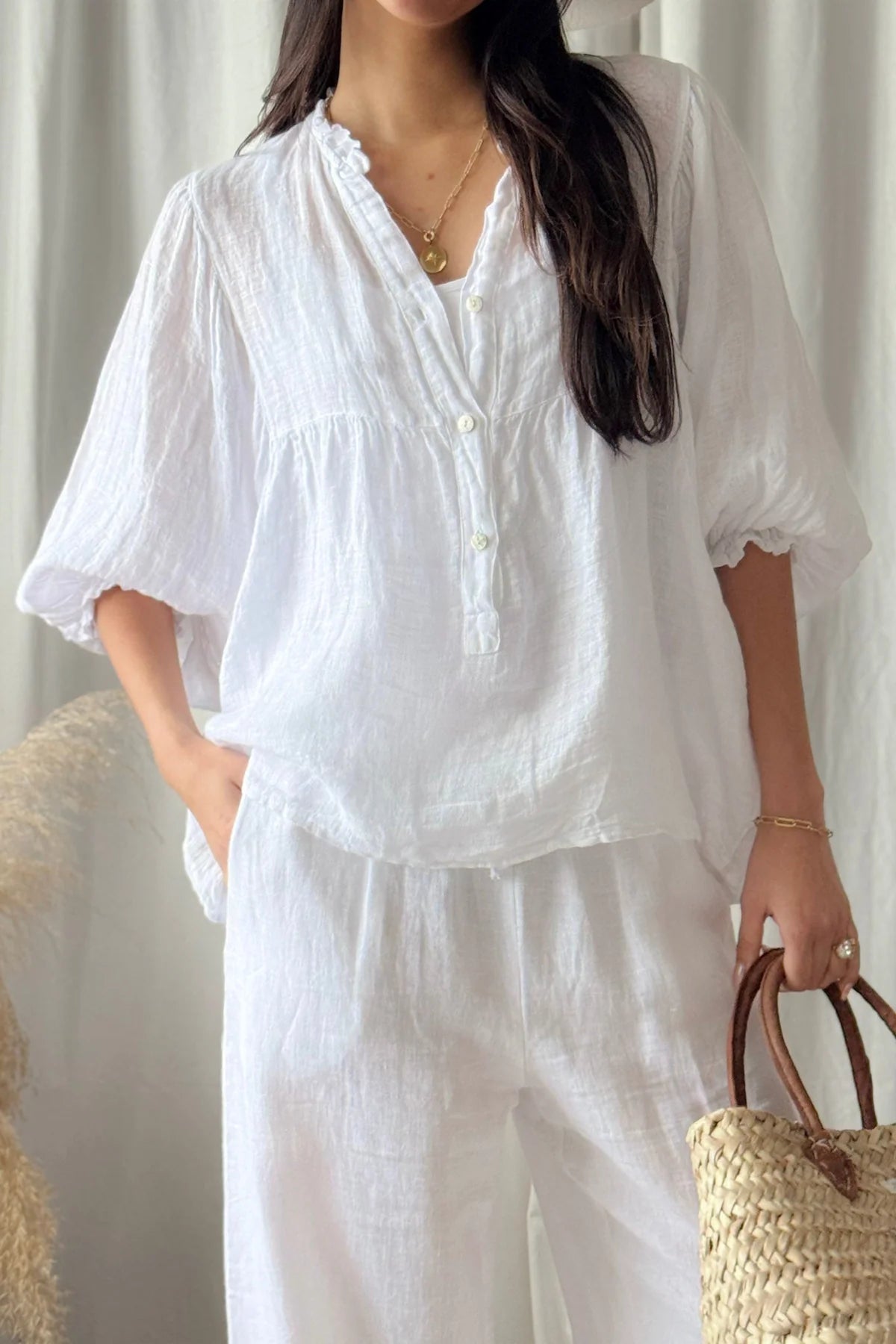Alemais Sustainable Florence-Shirt close up worn by model LUXAMORE