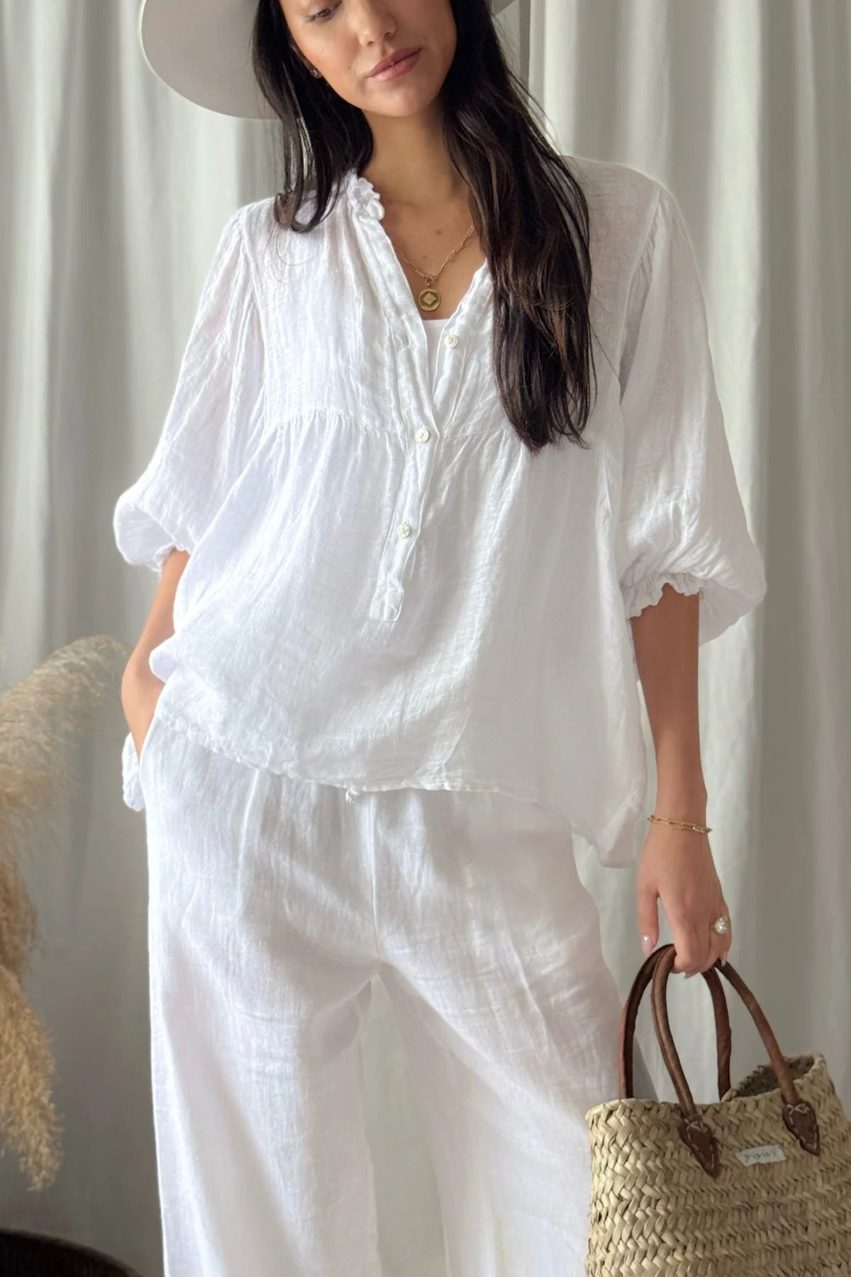 Alemais Sustainable Florence-Shirt close up worn by model LUXAMORE