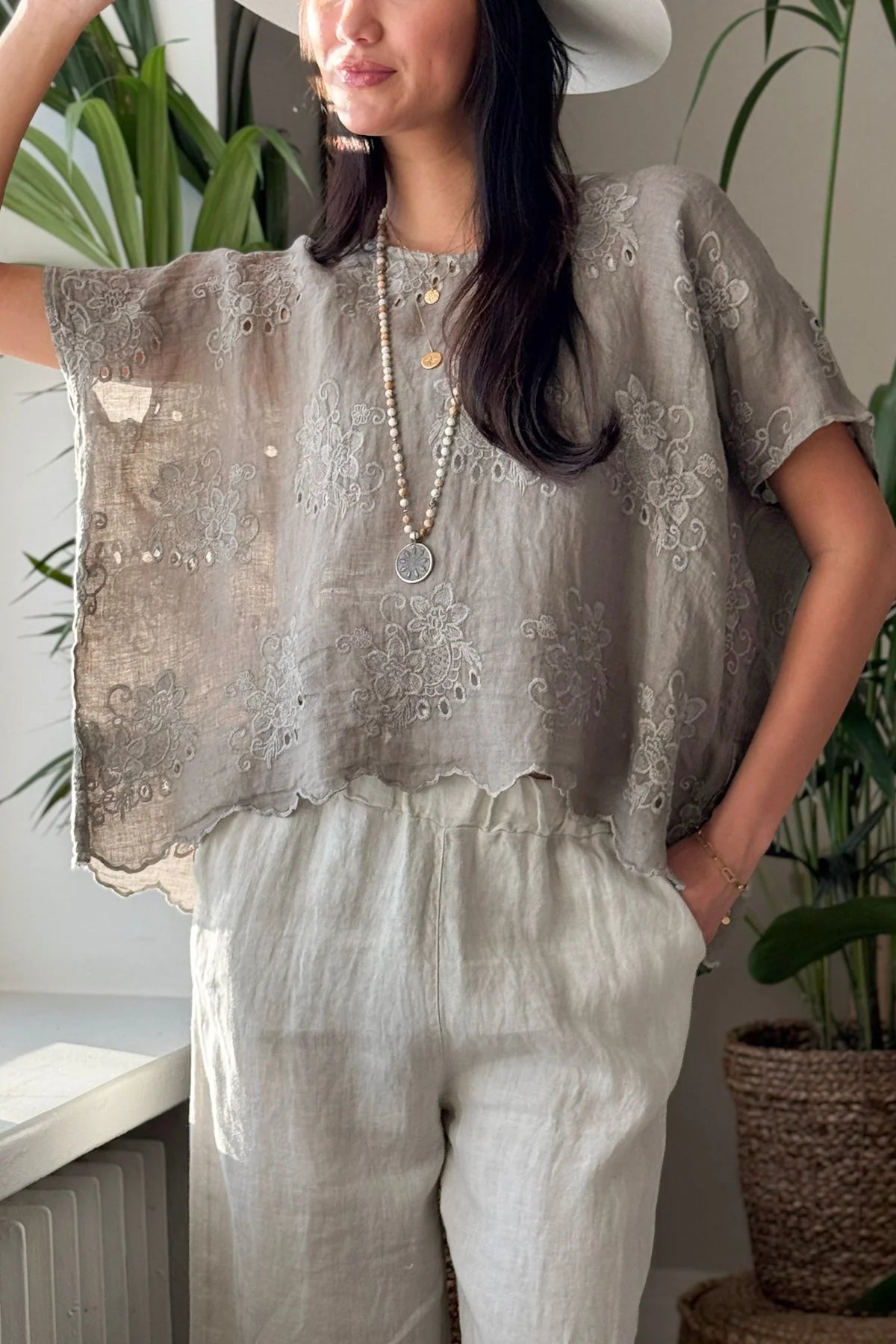 Bypias Delphie Embroidered Linen Blouse - Taupe LUXAMORE  