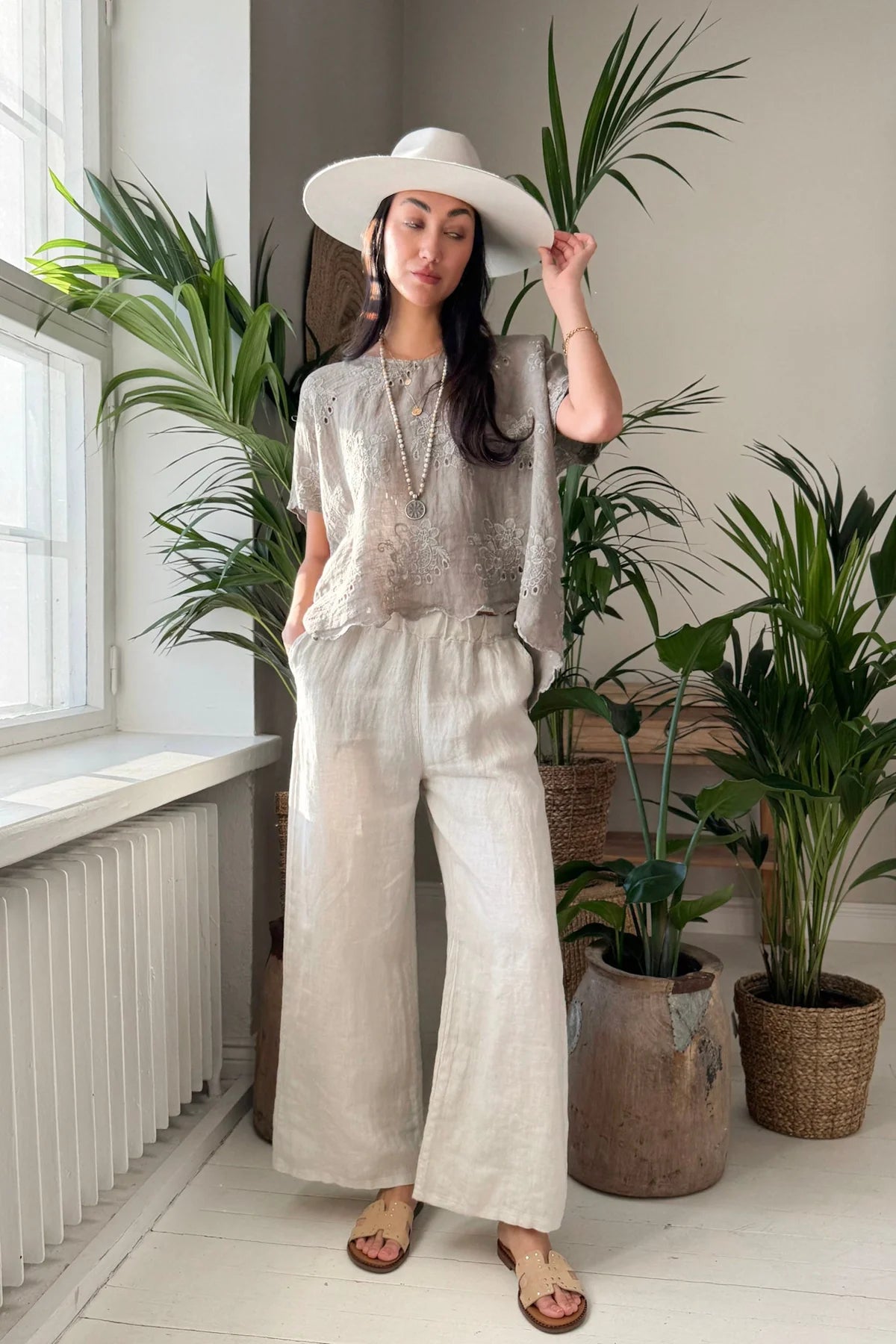 Bypias Delphie Embroidered Linen Blouse - Taupe LUXAMORE  