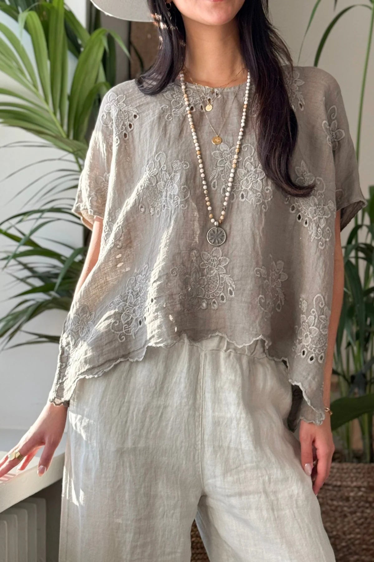 Bypias Delphie Embroidered Linen Blouse - Taupe LUXAMORE  