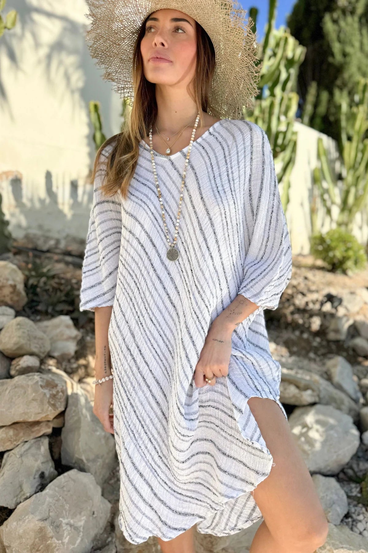 Bypias Hallie Linen Kaftan White LUXAMORE  