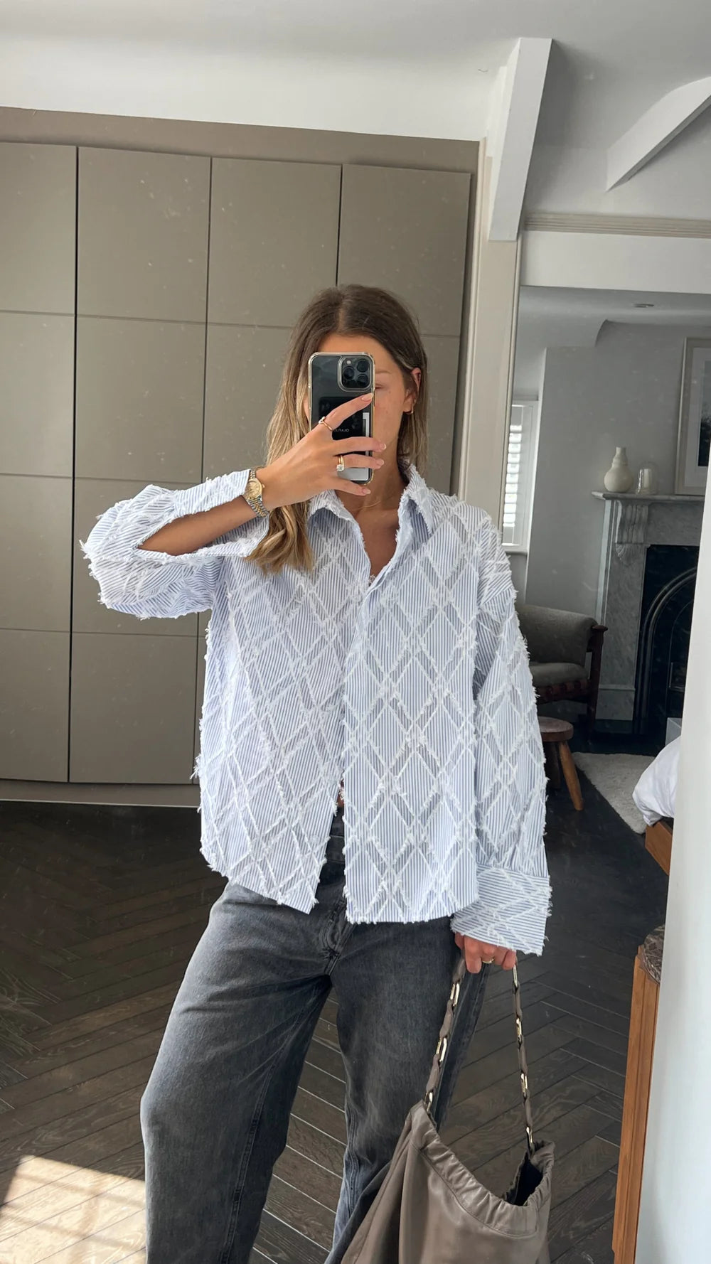 Alemais Sustainable Florence-Shirt close up worn by model LUXAMORE