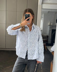 Alemais Sustainable Florence-Shirt close up worn by model LUXAMORE