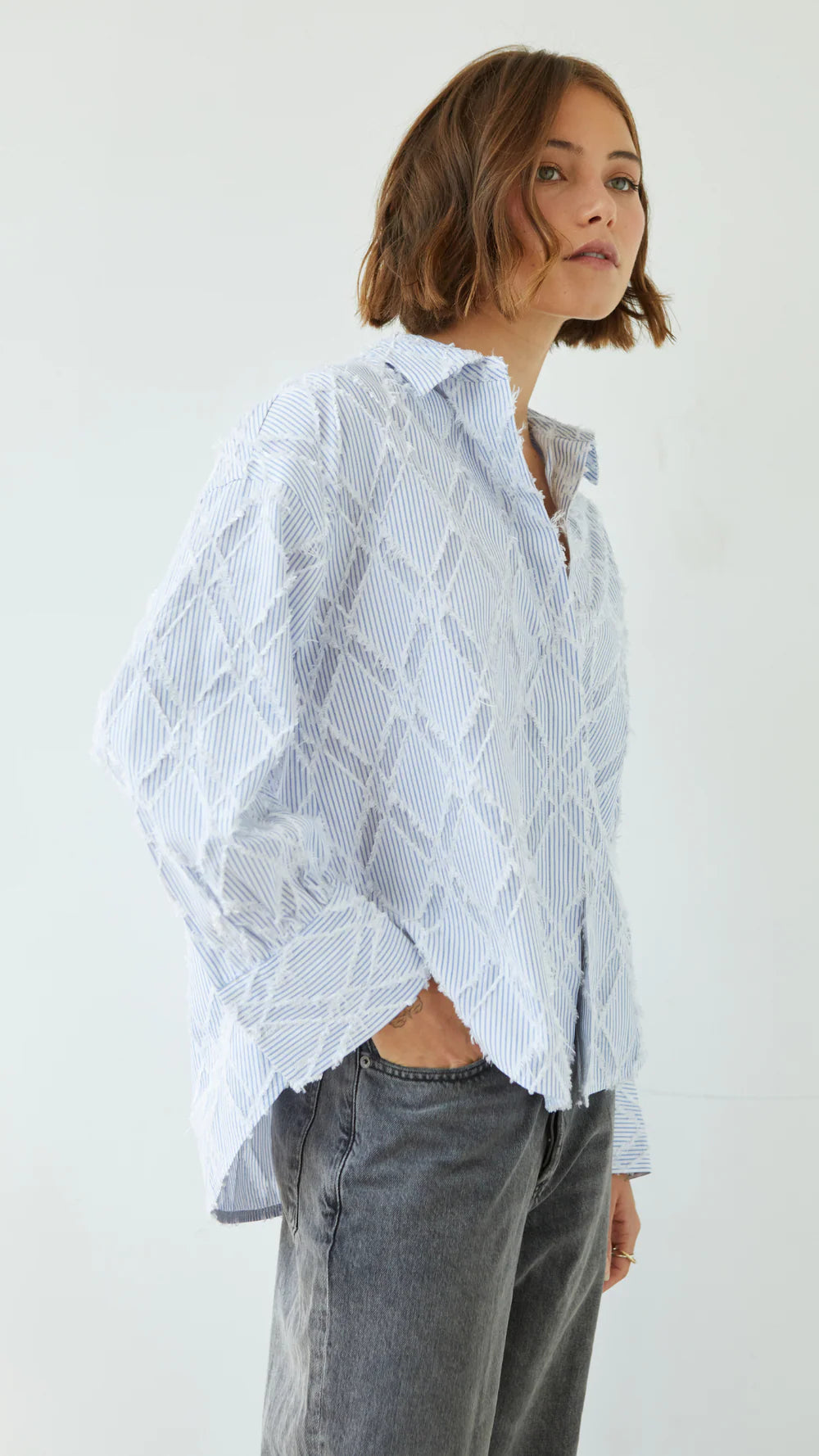 Alemais Sustainable Florence-Shirt close up worn by model LUXAMORE