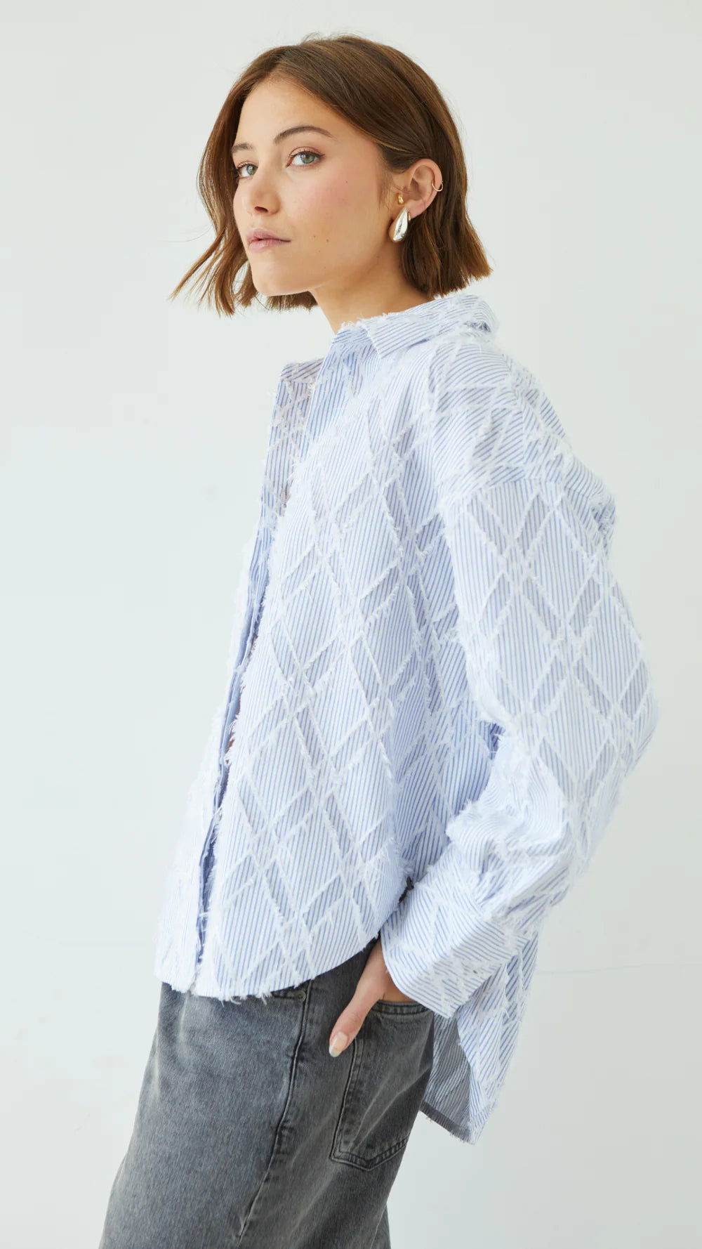 Alemais Sustainable Florence-Shirt close up worn by model LUXAMORE