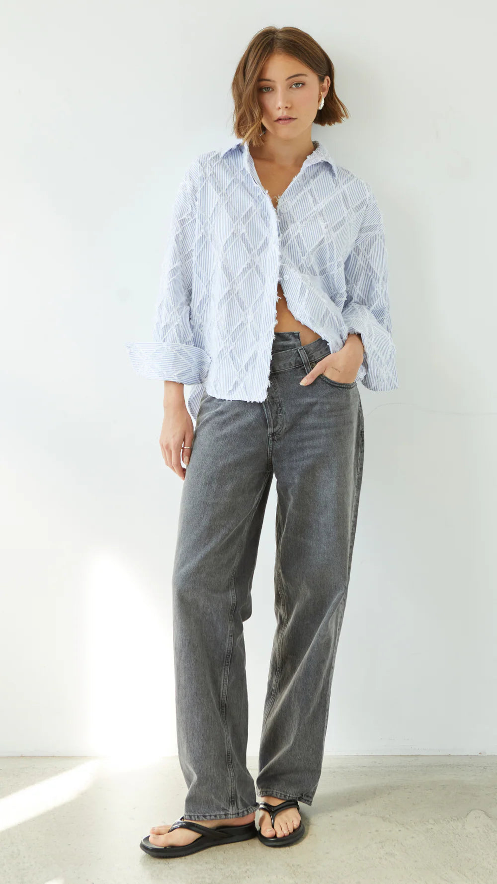 Alemais Sustainable Florence-Shirt close up worn by model LUXAMORE