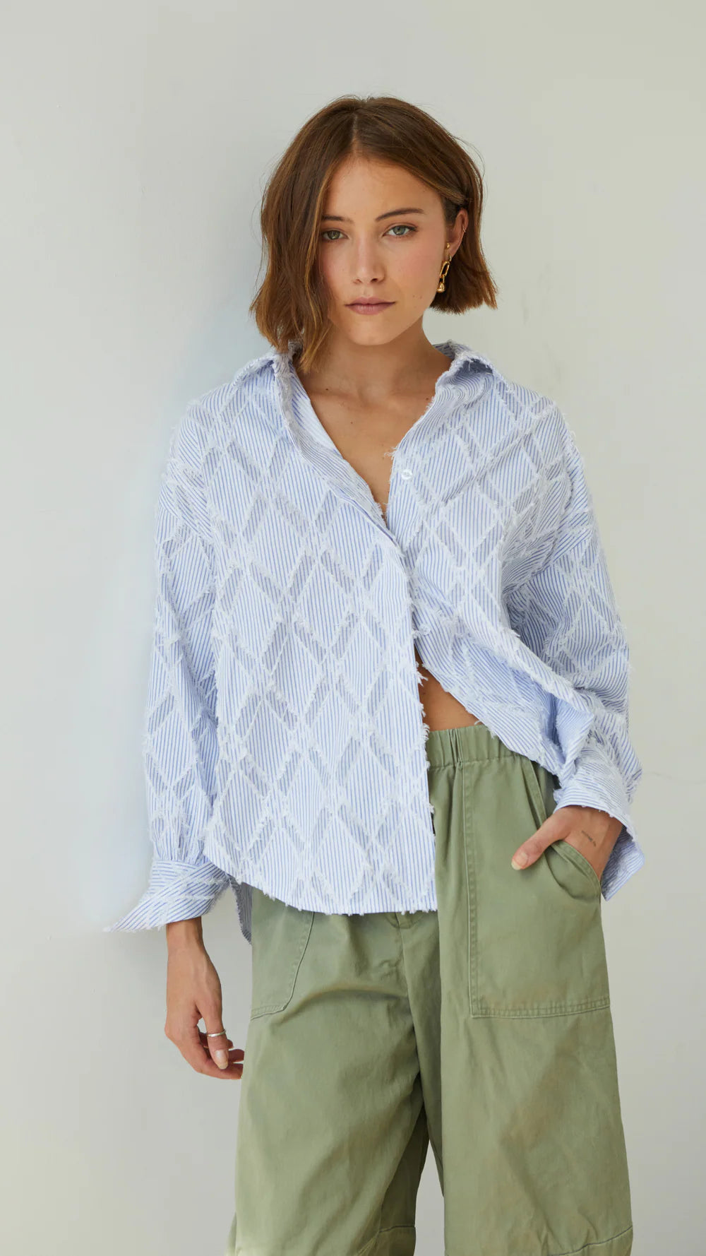 Alemais Sustainable Florence-Shirt close up worn by model LUXAMORE