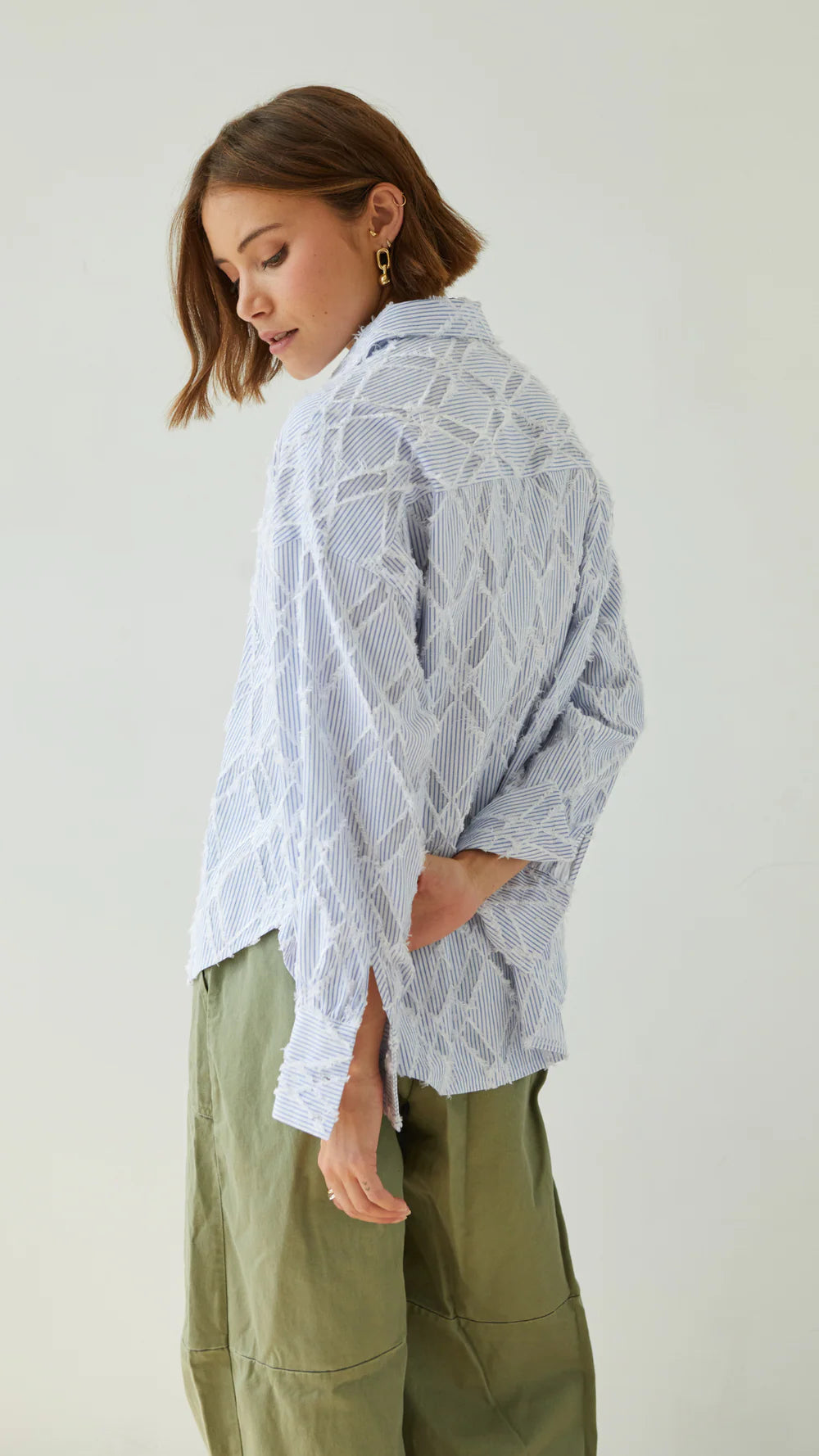 Alemais Sustainable Florence-Shirt close up worn by model LUXAMORE
