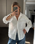 Alemais Sustainable Florence-Shirt close up worn by model LUXAMORE