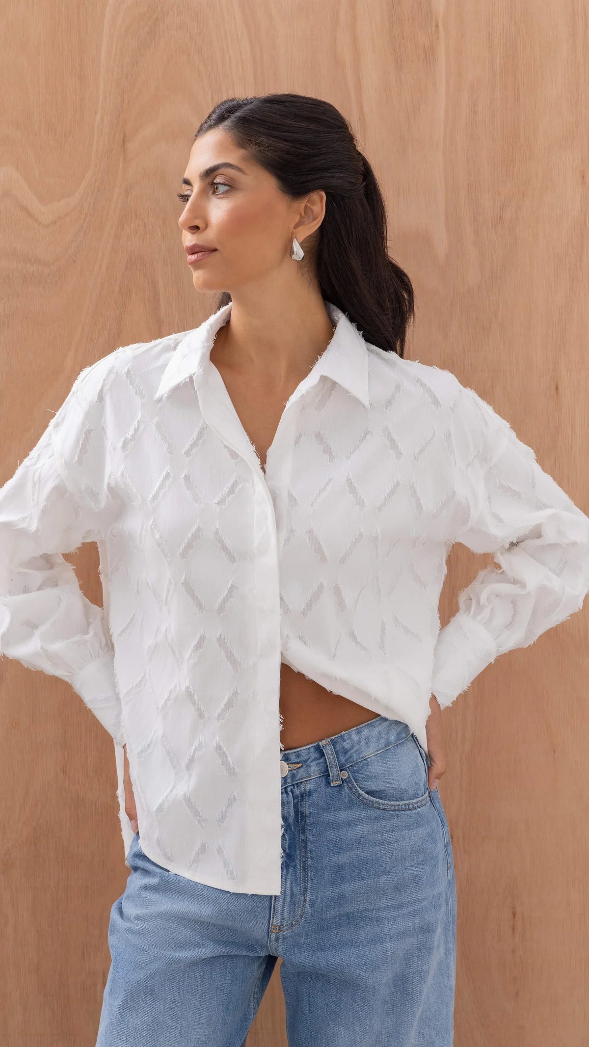 Alemais Sustainable Florence-Shirt close up worn by model LUXAMORE