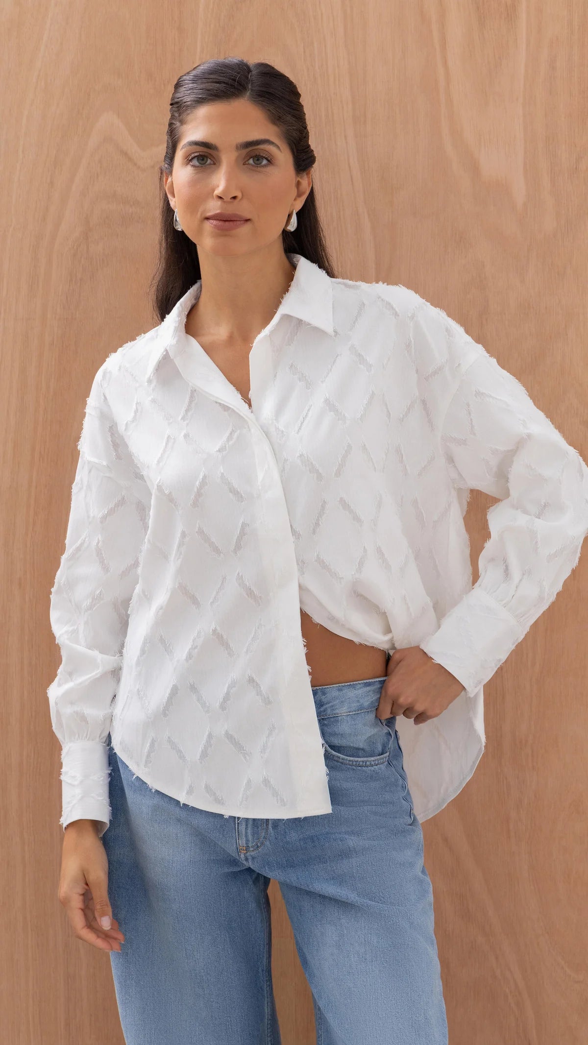 Alemais Sustainable Florence-Shirt close up worn by model LUXAMORE