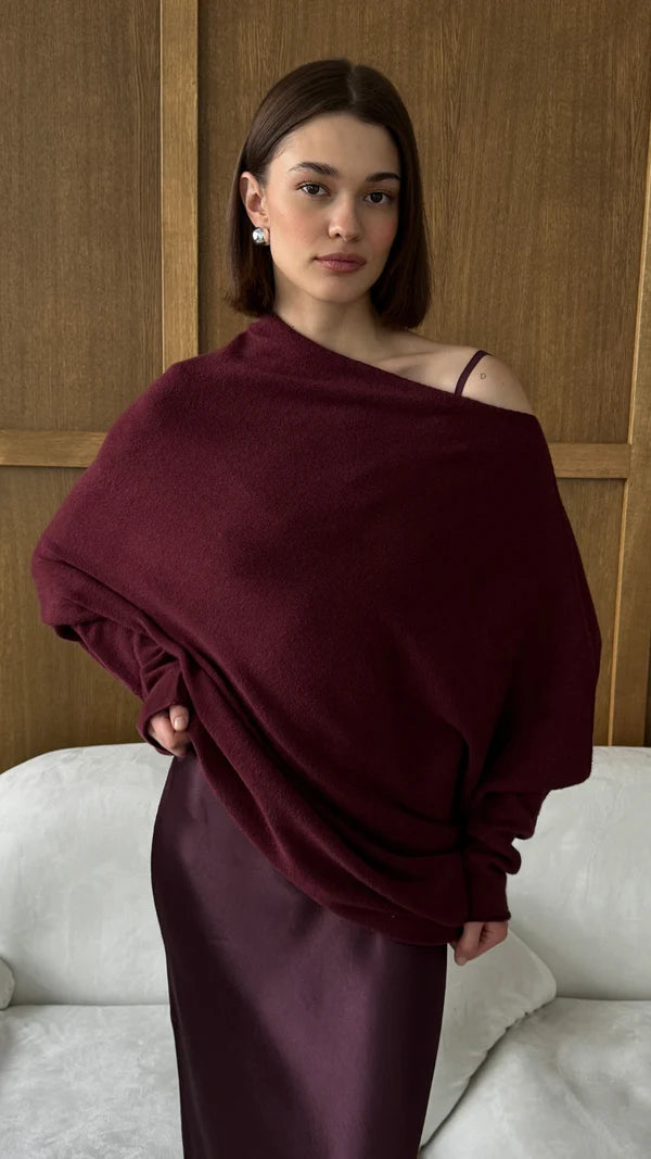 Charli - Natalie Asymmetric knit Sweater - Burgundy LUXAMORE  