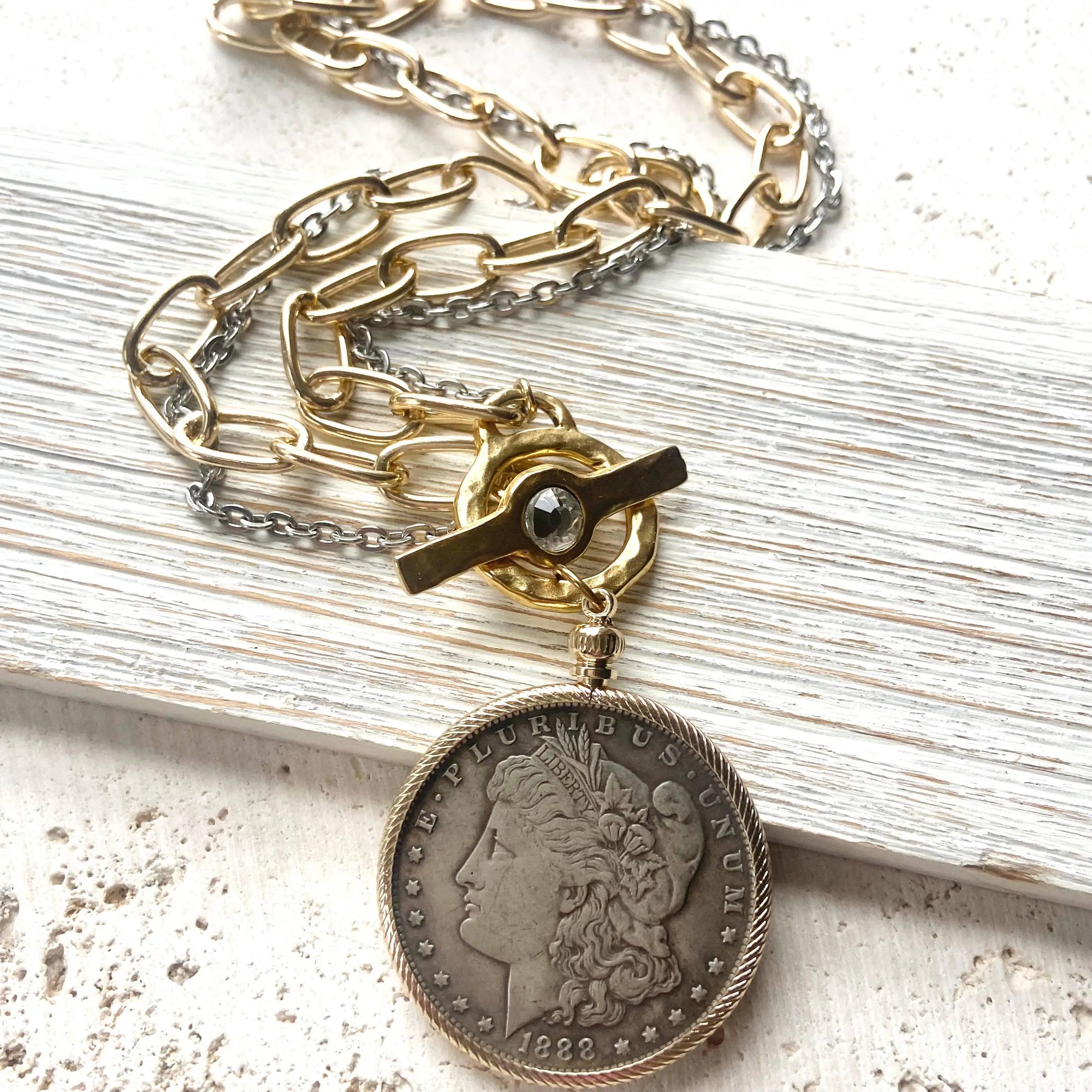Coin necklace boutique jewelry crystal handmade mixed metal LUXAMORE  