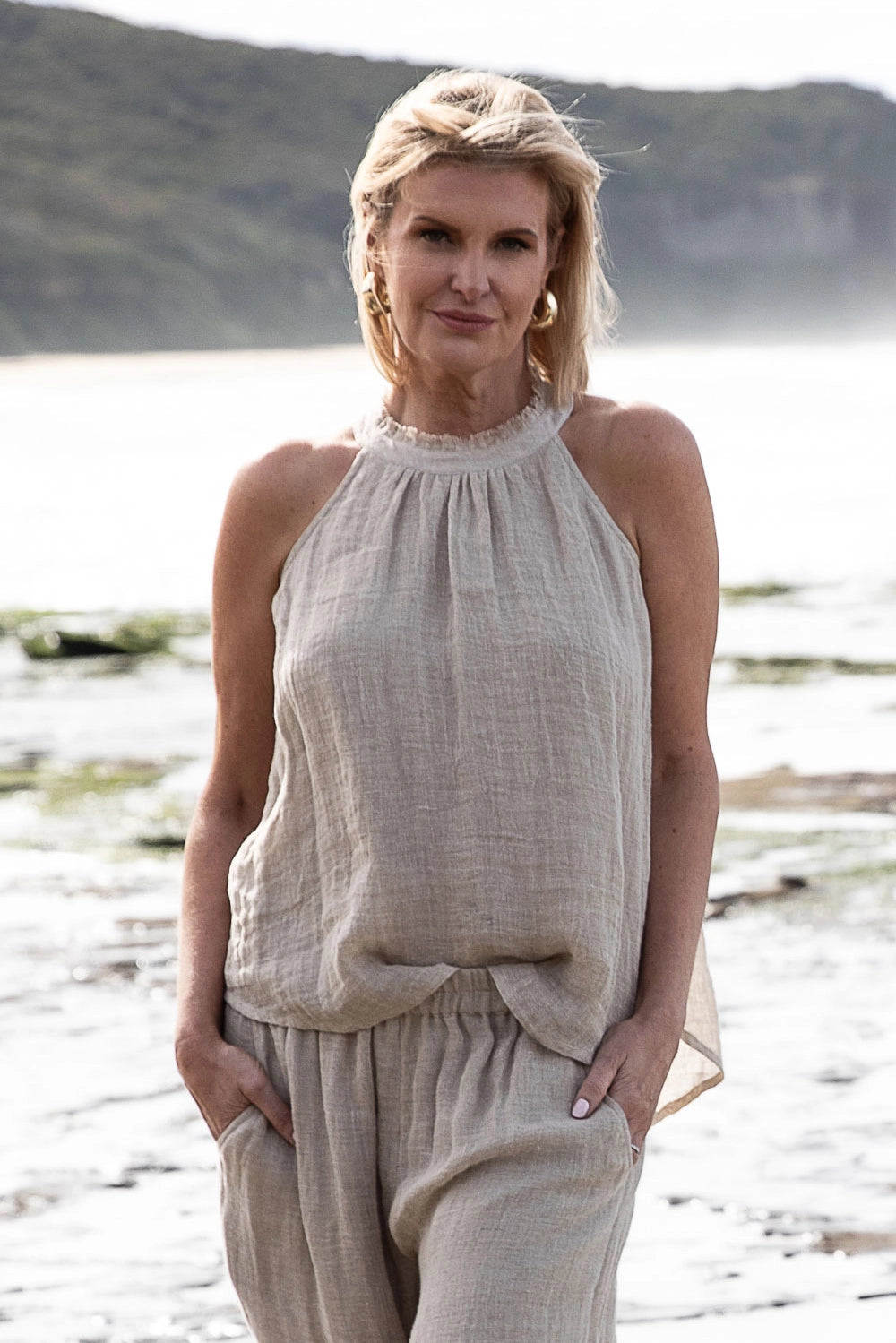 Woman Wearing Eadie Lifestyle Ava Linen Top - Top LUXAMORE