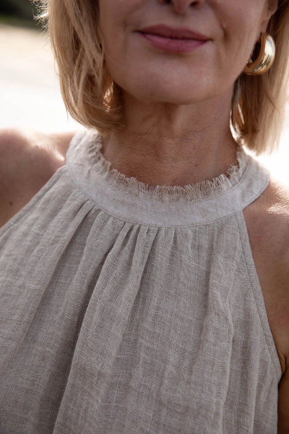 Woman Wearing Eadie Lifestyle Ava Linen Top - Top LUXAMORE