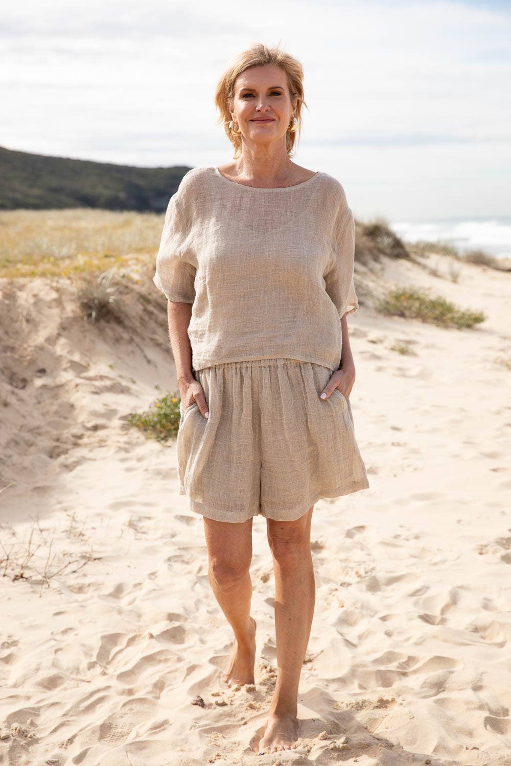 Woman Wearing Eadie Lifestyle Olivia Linen Top - Tops LUXAMORE