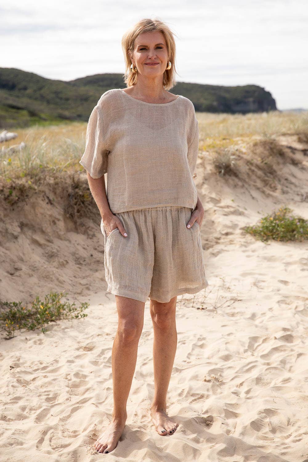Woman Wearing Eadie Lifestyle Olivia Linen Top - Tops LUXAMORE