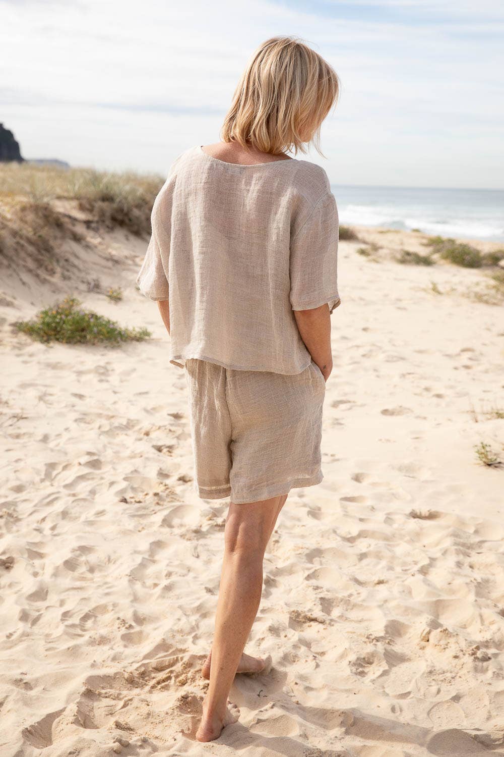 Woman Wearing Eadie Lifestyle Olivia Linen Top - Tops LUXAMORE