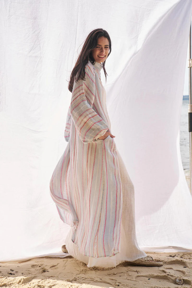 Woman Wearing Estilo Emporio El Manto Stripe Dress + Duster - Dress LUXAMORE