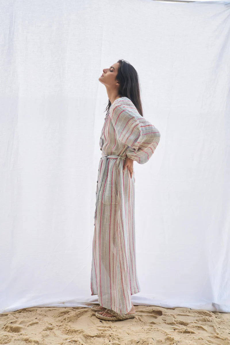 Woman Wearing Estilo Emporio El Manto Stripe Dress + Duster - Dress LUXAMORE