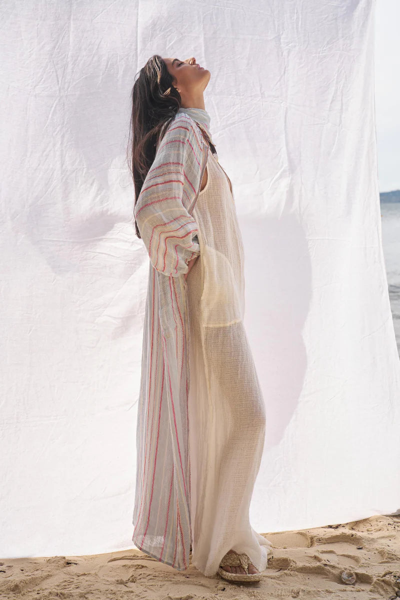 Woman Wearing Estilo Emporio El Manto Stripe Dress + Duster - Dress LUXAMORE