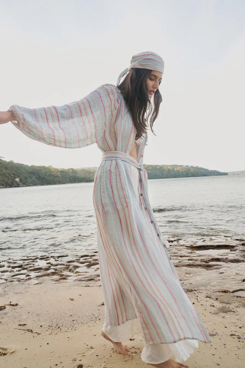 Woman Wearing Estilo Emporio El Manto Stripe Dress + Duster - Dress LUXAMORE