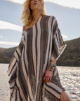Woman Wearing Estilo Emporio Polla Maxi Kaftan Dark Chocolate Stripe - Dress LUXAMORE