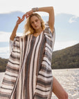 Woman Wearing Estilo Emporio Polla Maxi Kaftan Dark Chocolate Stripe - Dress LUXAMORE