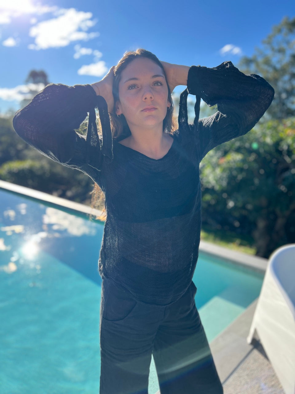 Woman Wearing Estilo Emporio Stevie Top - Black - Tops LUXAMORE