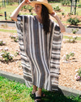 Woman Wearing Estilo Emporio Polla Maxi Kaftan Dark Chocolate Stripe - Dress LUXAMORE