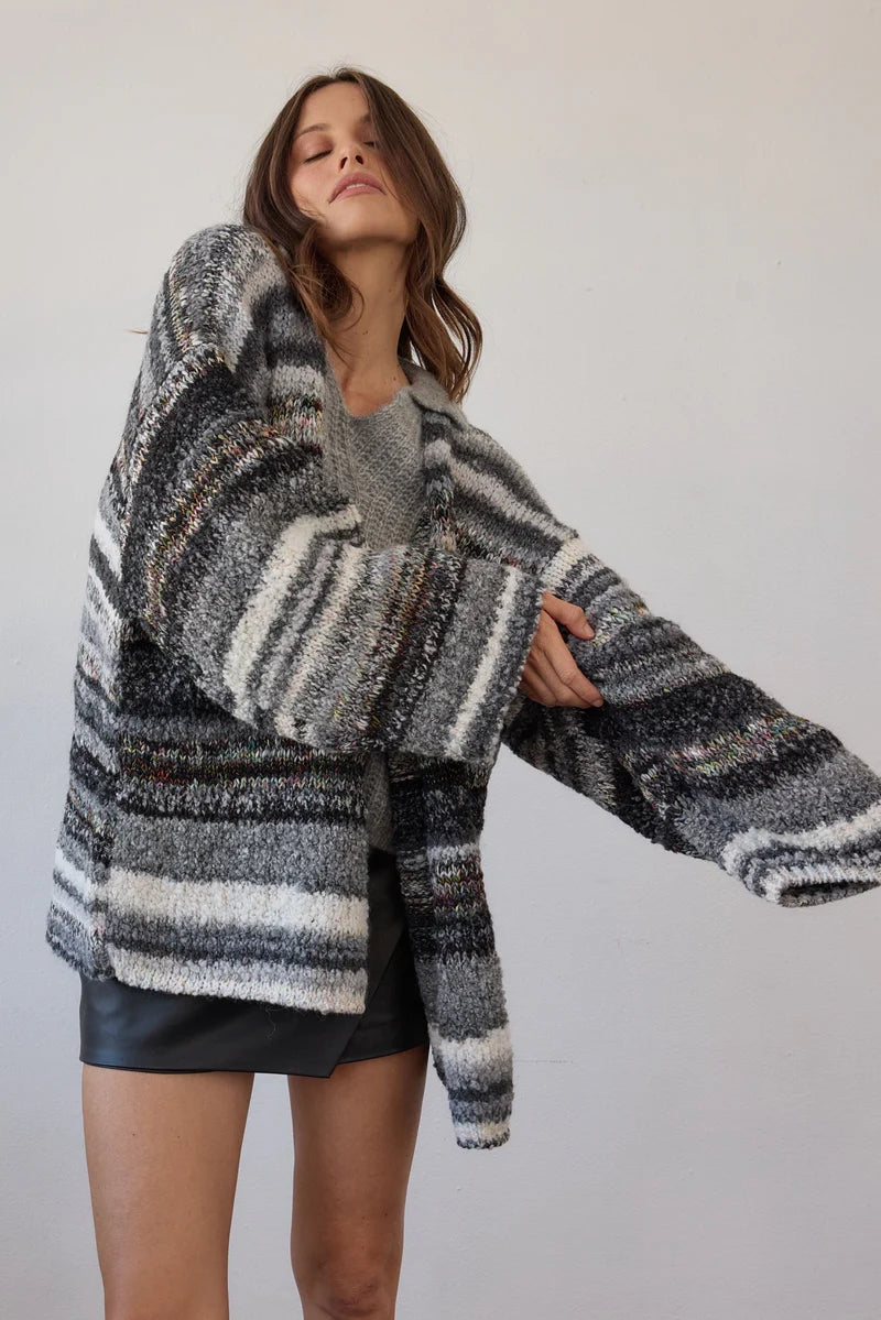 Estilo Emporio Luella Cardigan - Black Multi sustainable knit worn by model in studio LUXAMORE  