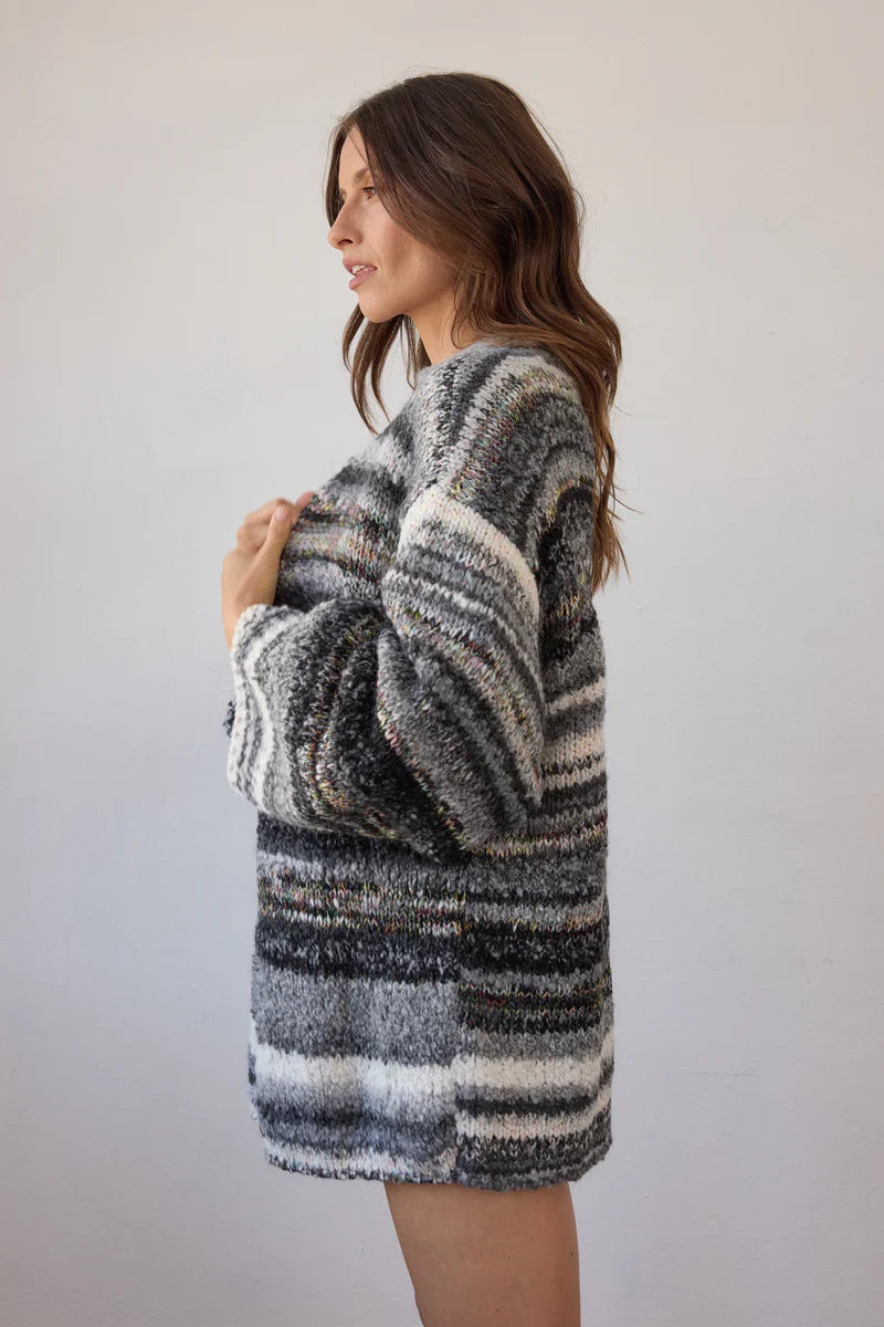 Estilo Emporio Luella Cardigan - Black Multi sustainable knit worn by model in studio LUXAMORE  
