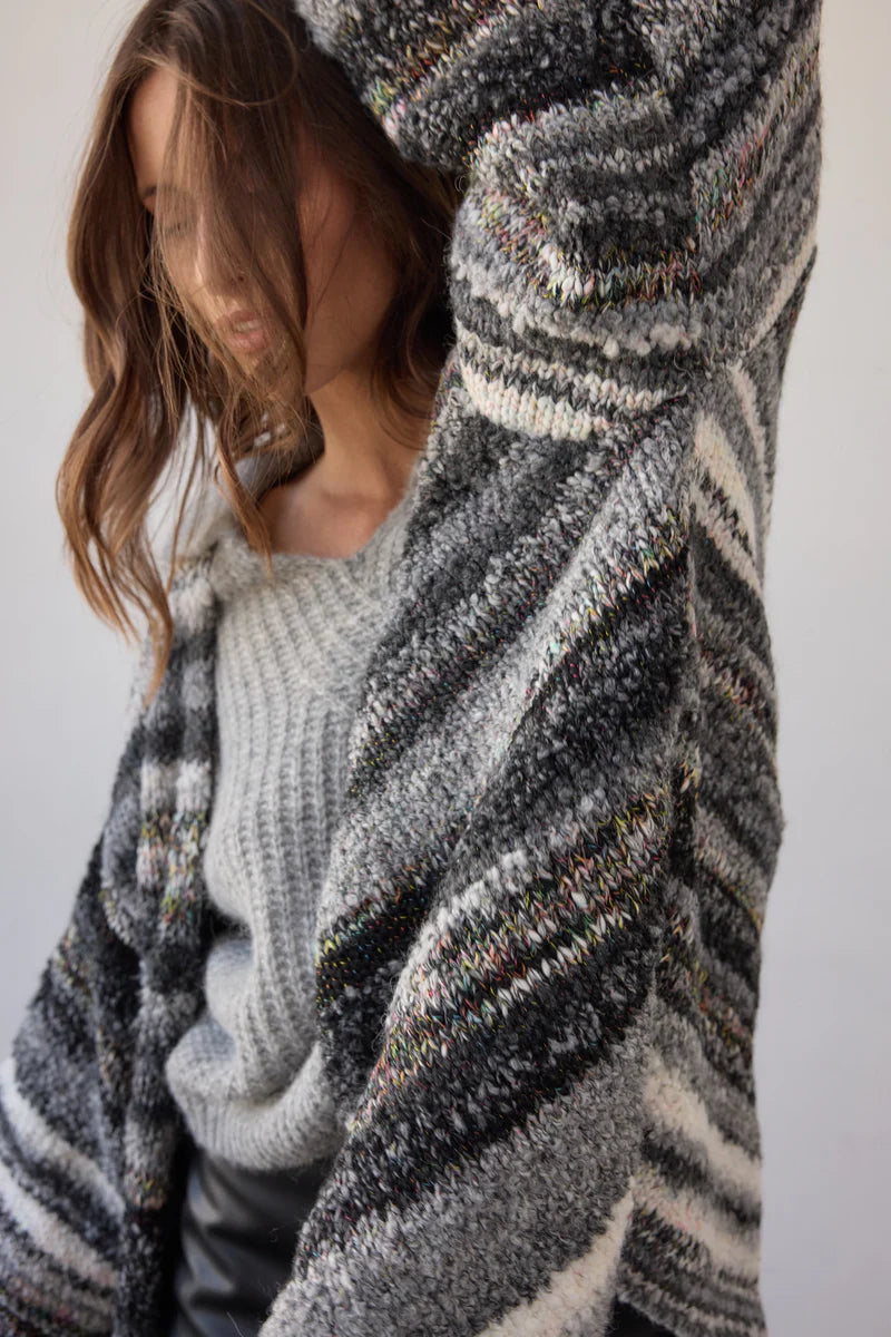 Estilo Emporio Luella Cardigan - Black Multi sustainable knit worn by model in studio LUXAMORE  