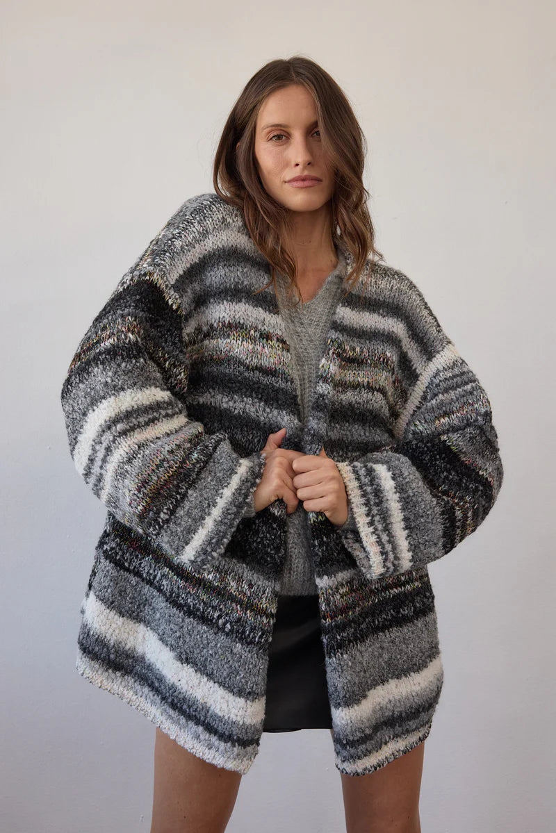 Estilo Emporio Luella Cardigan - Black Multi sustainable knit worn by model in studio LUXAMORE  