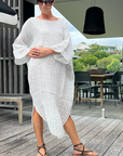 Woman Wearing Estilo Emporio Nebbilio Linen Dress - Binario - Dress LUXAMORE