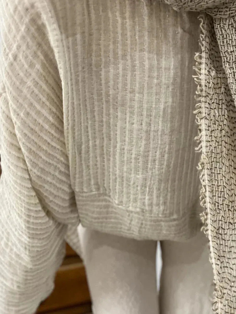 Estilo Emporio Nerano Top worn by model in natural setting LUXAMORE 