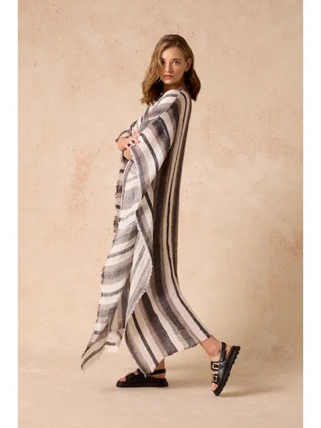 Woman Wearing Estilo Emporio Polla Maxi Kaftan Dark Chocolate Stripe - Dress LUXAMORE