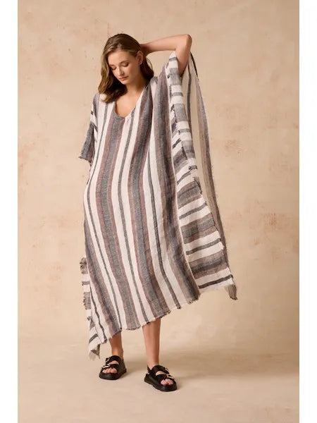 Woman Wearing Estilo Emporio Polla Maxi Kaftan Dark Chocolate Stripe - Dress LUXAMORE